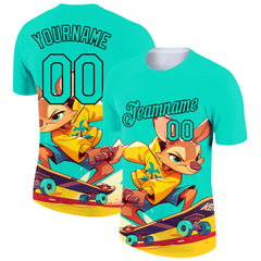 Custom Aqua Black 3D Pattern Design Extreme Sport Cartoon Animal Kangaroo Skateboarding Performance T-Shirt
