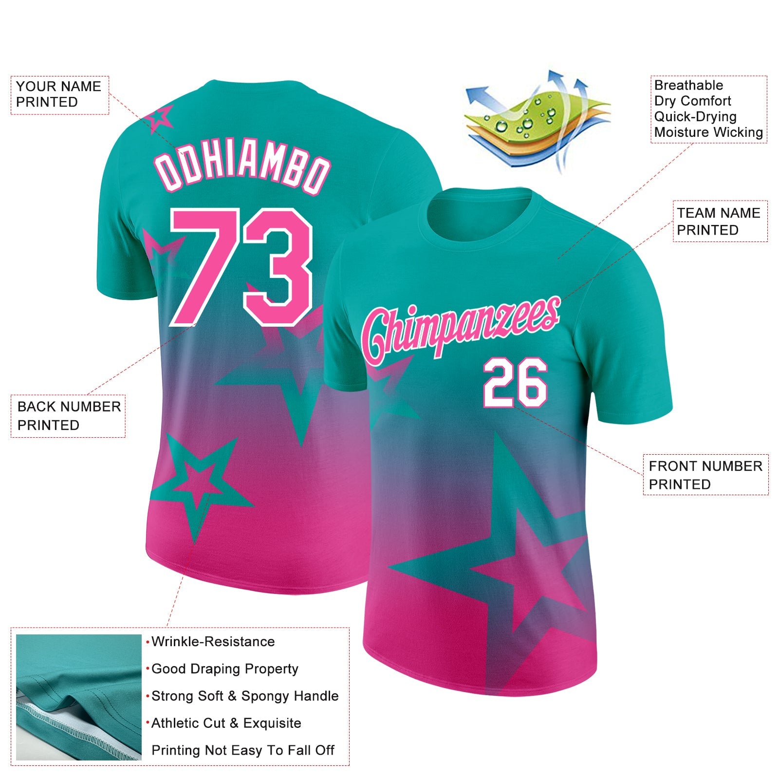 Custom Aqua Pink-White 3D Pattern Design Gradient Style Twinkle Star Performance T-Shirt