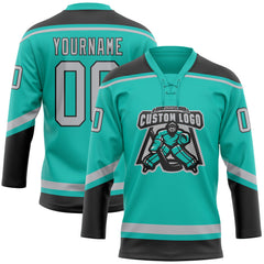 Custom Aqua Gray-Black Hockey Lace Neck Jersey