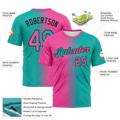 Custom Aqua Pink-Black Gradient Fashion Performance T-Shirt
