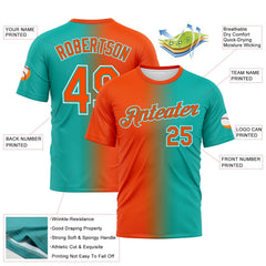 Custom Aqua Orange-White Gradient Fashion Performance T-Shirt