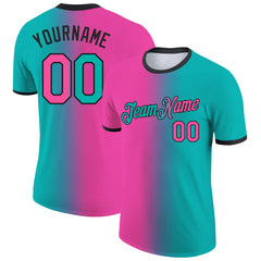 Custom Aqua Pink-Black Gradient Fashion Performance T-Shirt