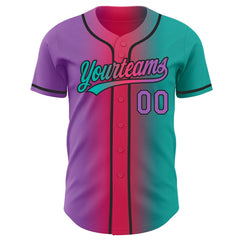 Custom Aqua Medium Purple Neon Pink-Black Authentic Gradient Fashion Baseball Jersey