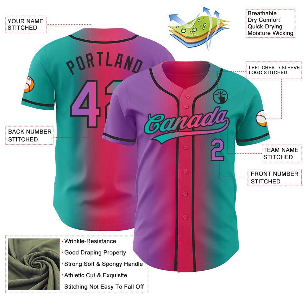 Custom Aqua Medium Purple Neon Pink-Black Authentic Gradient Fashion Baseball Jersey