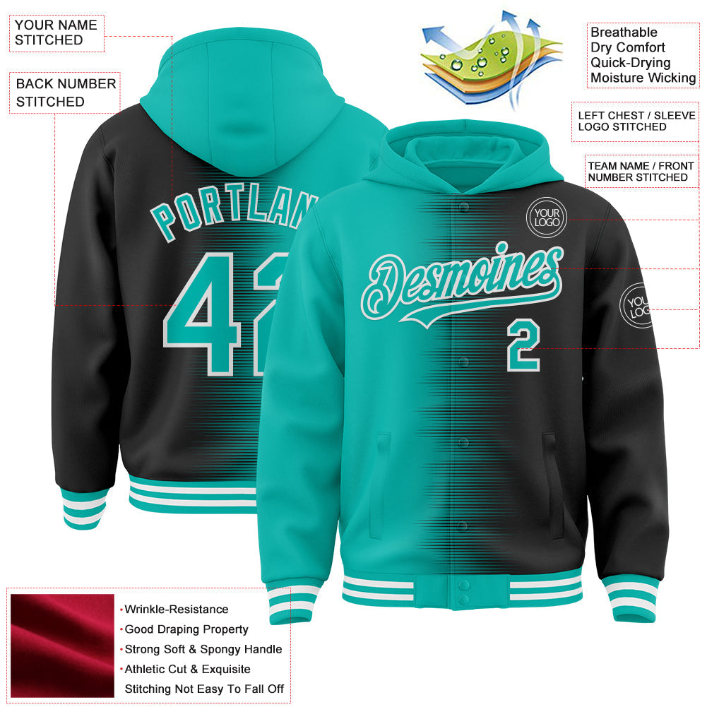 Custom Aqua Black-White Gradient Line Bomber Full-Snap Varsity Letterman Hoodie Jacket