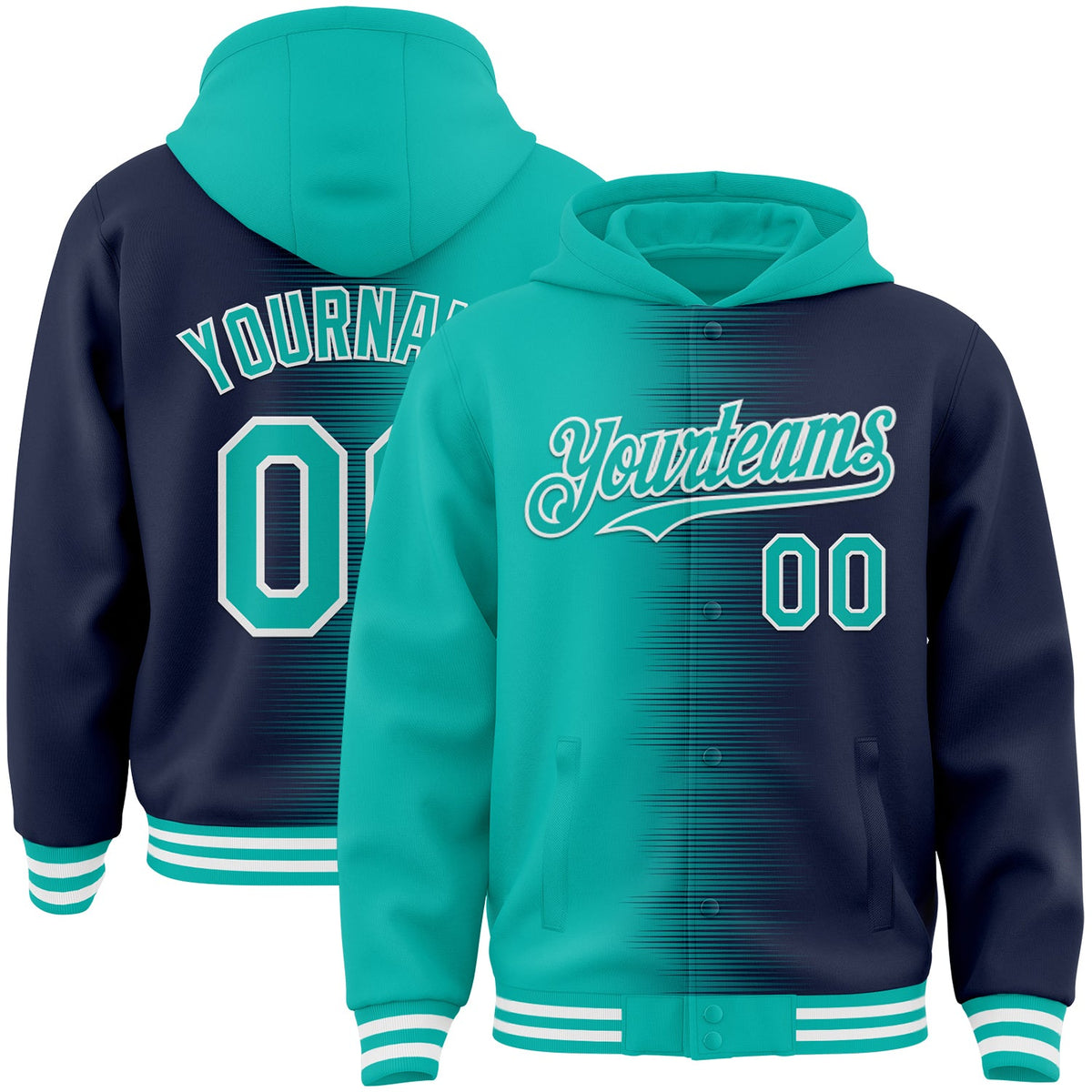 Custom Aqua Navy-White Gradient Line Bomber Full-Snap Varsity Letterman Hoodie Jacket