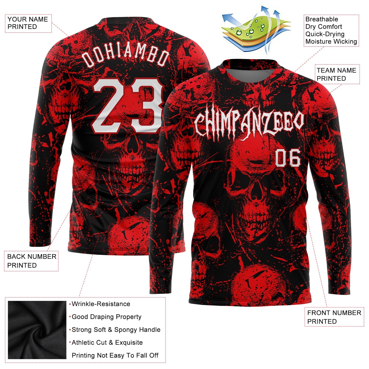 Custom 3D Pattern Halloween Skulls Long Sleeve Performance T-Shirt