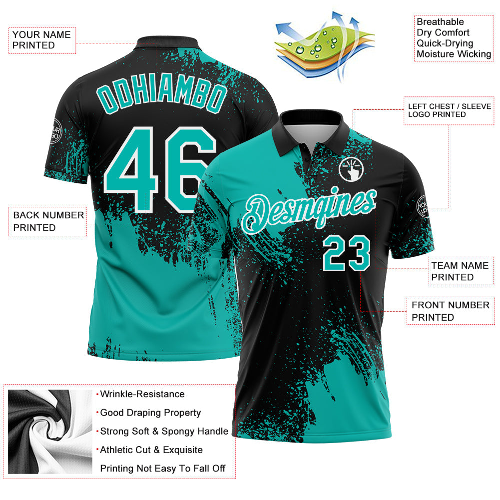 Custom Aqua Black-White 3D Pattern Design Abstract Brush Stroke Performance Polo Shirt