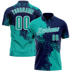 Custom Aqua Navy-White 3D Pattern Design Abstract Brush Stroke Performance Polo Shirt