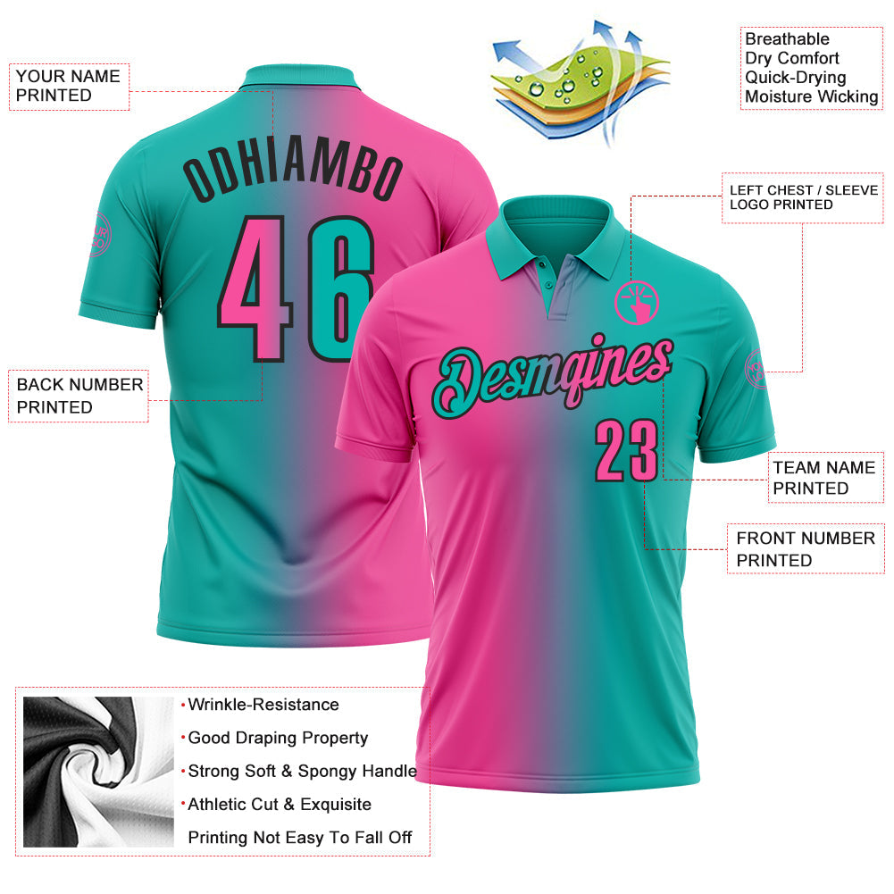 Custom Aqua Pink-Black 3D Gradient Fashion Performance Polo Shirt