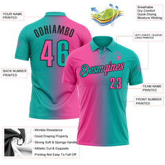 Custom Aqua Pink-Black 3D Gradient Fashion Performance Polo Shirt