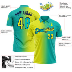 Custom Aqua Neon Yellow-Navy 3D Gradient Fashion Performance Polo Shirt