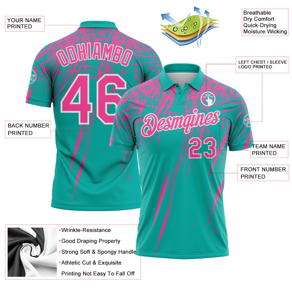Custom Aqua Pink-White Distressed Scratch Brush Stroke Performance Polo Shirt
