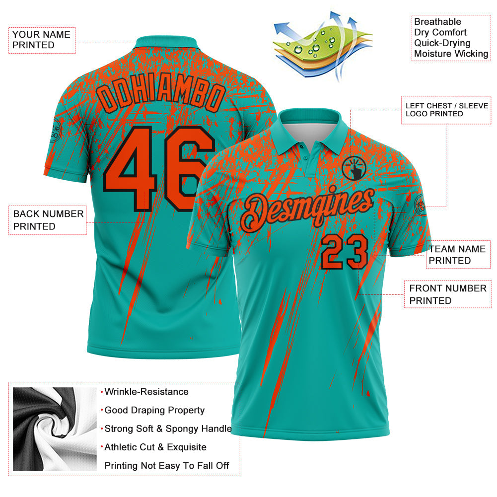 Custom Aqua Orange-Black Distressed Scratch Brush Stroke Performance Polo Shirt
