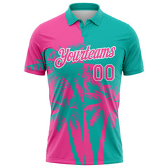 Custom Aqua Pink-White Hawaii Tropical Coastal Palm Trees Performance Polo Shirt