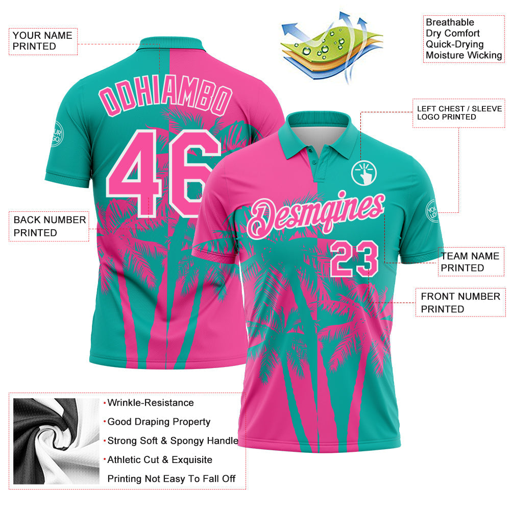 Custom Aqua Pink-White Hawaii Tropical Coastal Palm Trees Performance Polo Shirt
