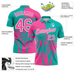 Custom Aqua Pink-White Hawaii Tropical Coastal Palm Trees Performance Polo Shirt