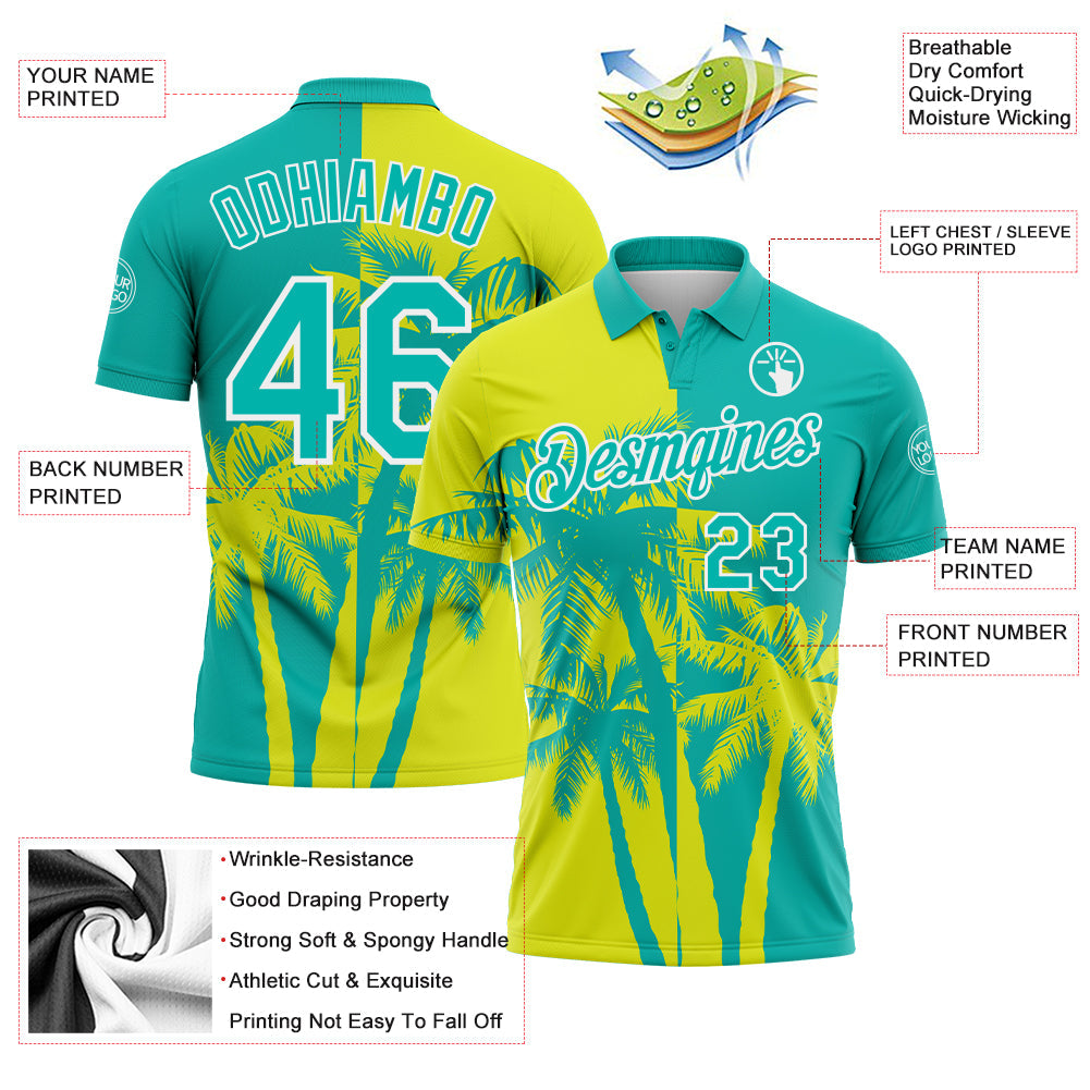 Custom Aqua Neon Yellow-White Hawaii Tropical Coastal Palm Trees Performance Polo Shirt