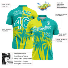 Custom Aqua Neon Yellow-White Hawaii Tropical Coastal Palm Trees Performance Polo Shirt