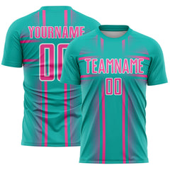 Custom Aqua Pink-White Lines Sublimation Soccer Uniform Jersey
