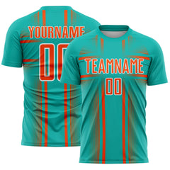 Custom Aqua Orange-White Lines Sublimation Soccer Uniform Jersey