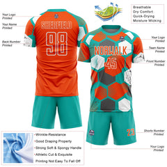 Custom Aqua Orange-White Geometric Shape Sublimation Soccer Uniform Jersey