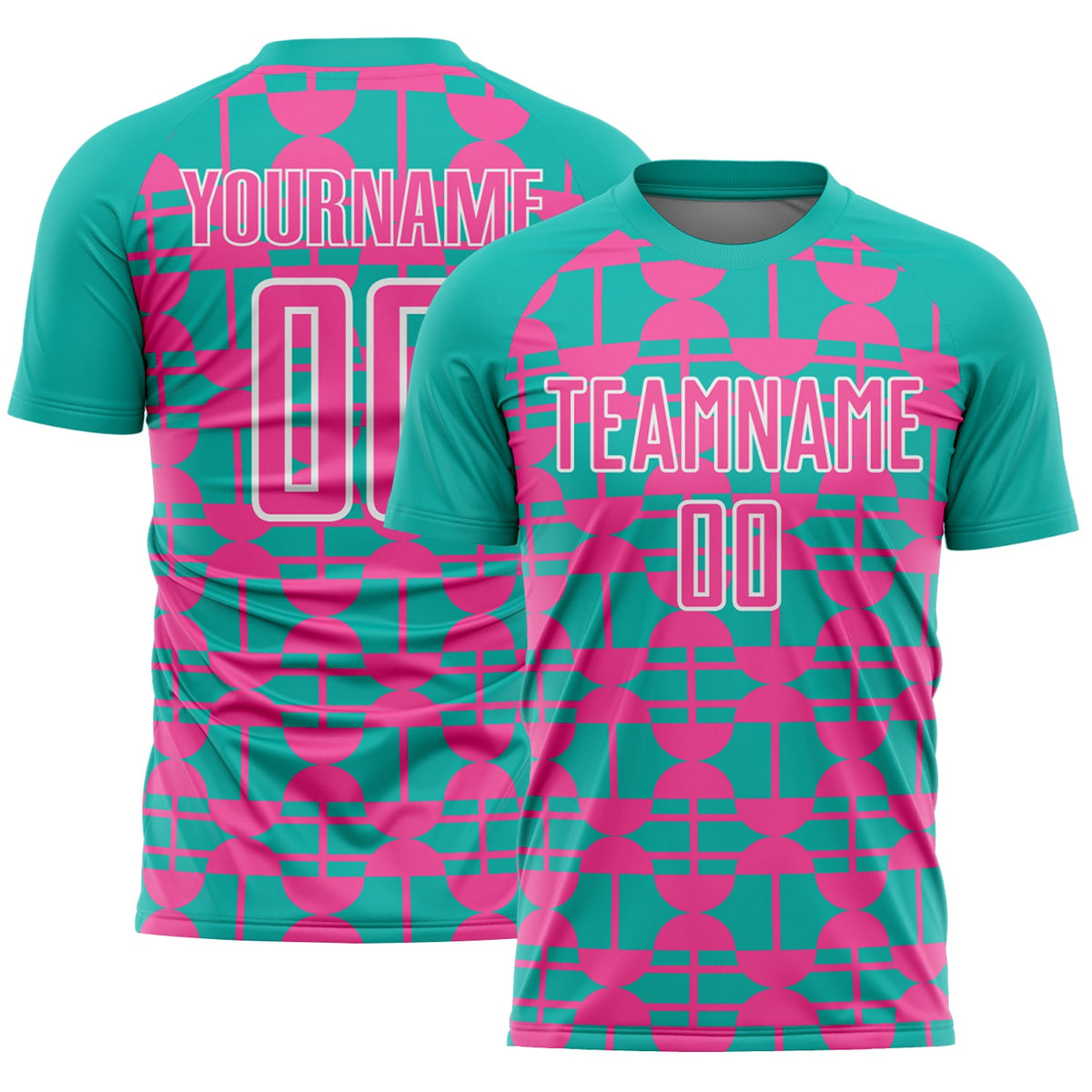 Custom Aqua Pink-White Geometric Shapes Sports Sublimation Soccer Uniform Jersey