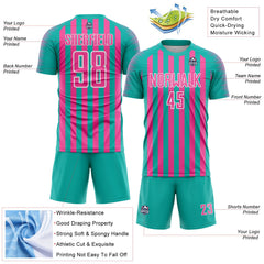 Custom Aqua Pink-White Stripe Sports Sublimation Soccer Uniform Jersey