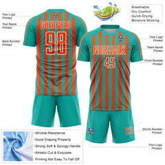Custom Aqua Orange-White Stripe Sports Sublimation Soccer Uniform Jersey