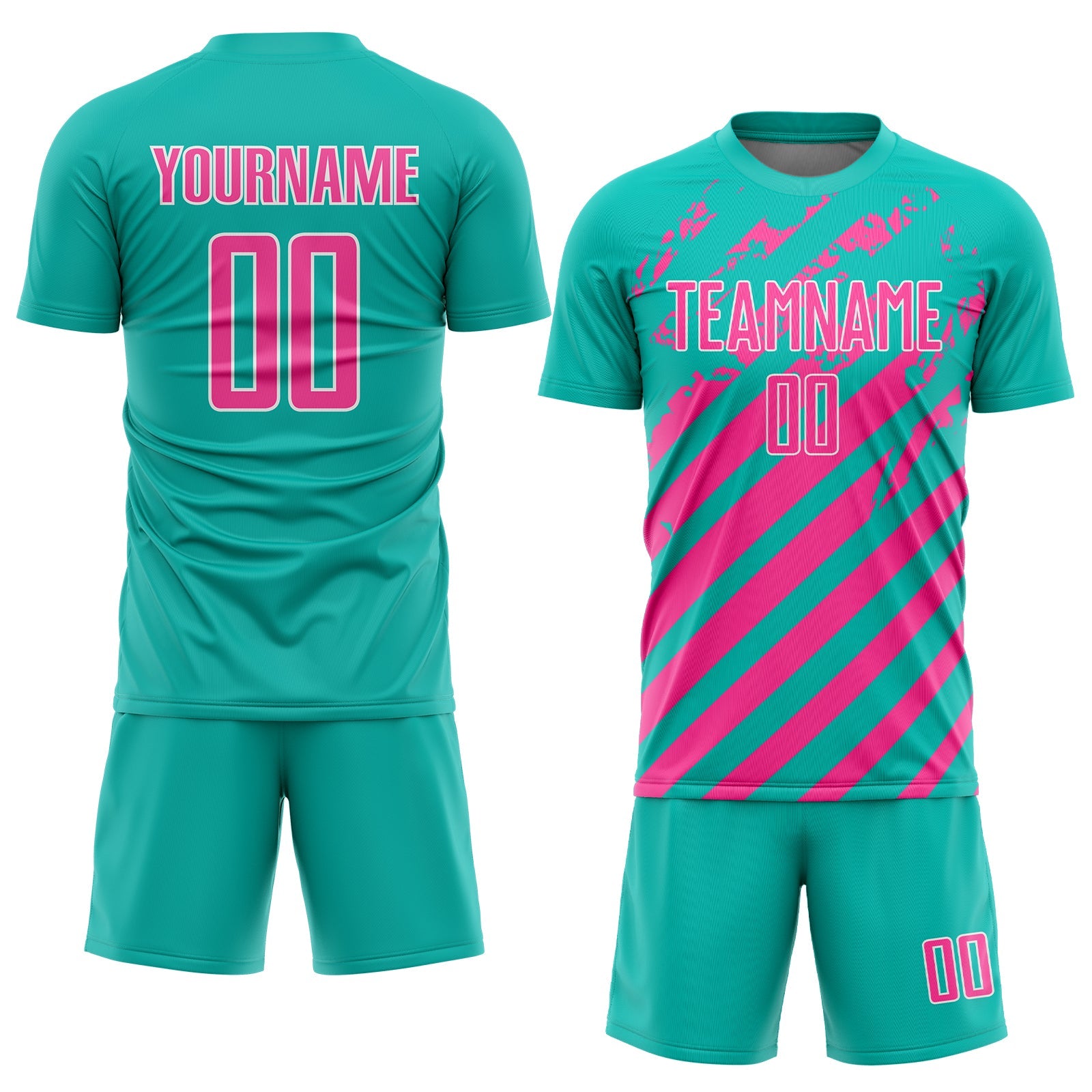 Custom Aqua Pink-White Distressed Diagonal Stripe Pattern Sports Sublimation Soccer Uniform Jersey