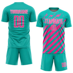 Custom Aqua Pink-White Distressed Diagonal Stripe Pattern Sports Sublimation Soccer Uniform Jersey