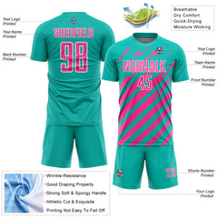 Custom Aqua Pink-White Distressed Diagonal Stripe Pattern Sports Sublimation Soccer Uniform Jersey