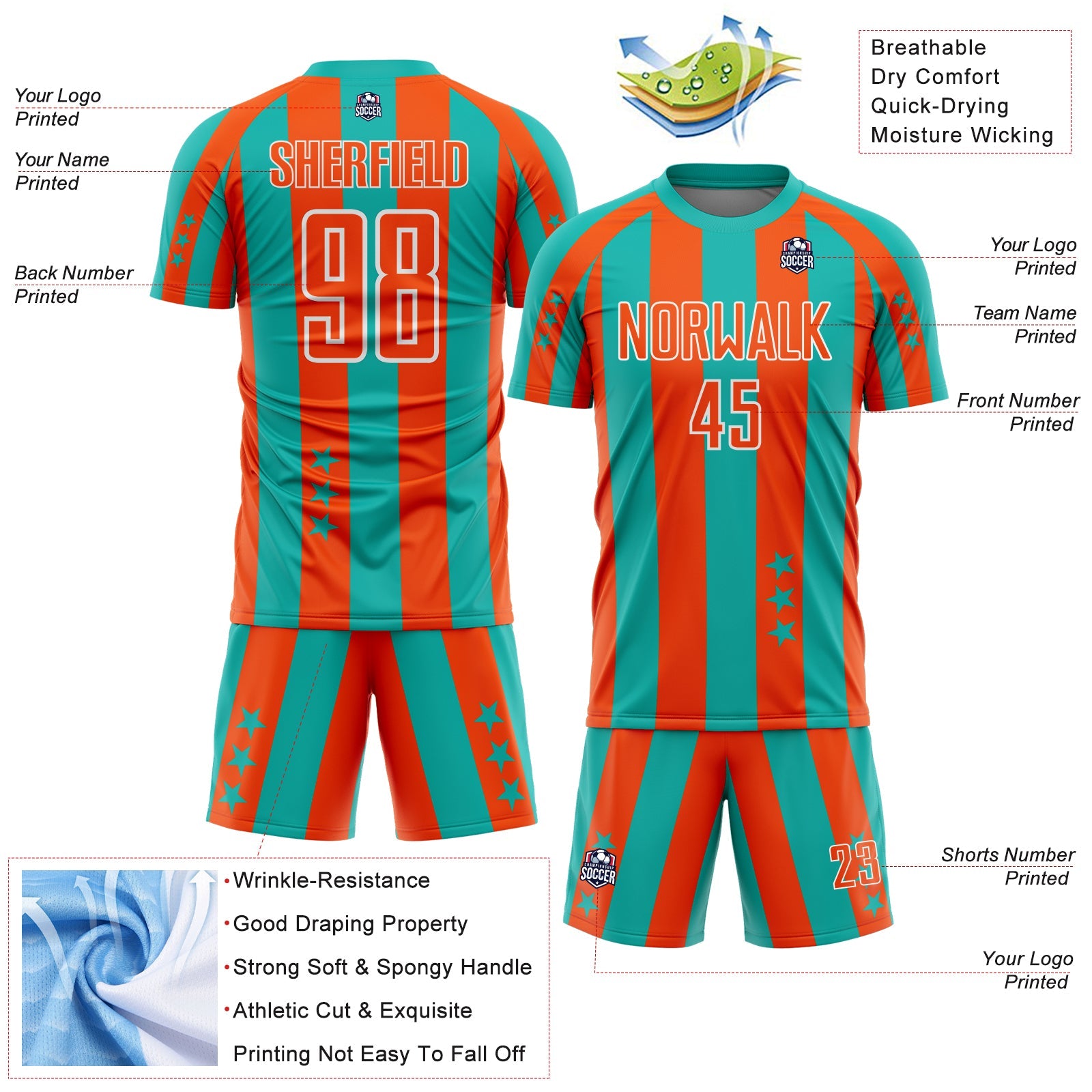 Custom Aqua Orange-White Stars And Stripes Sports Sublimation Soccer Uniform Jersey