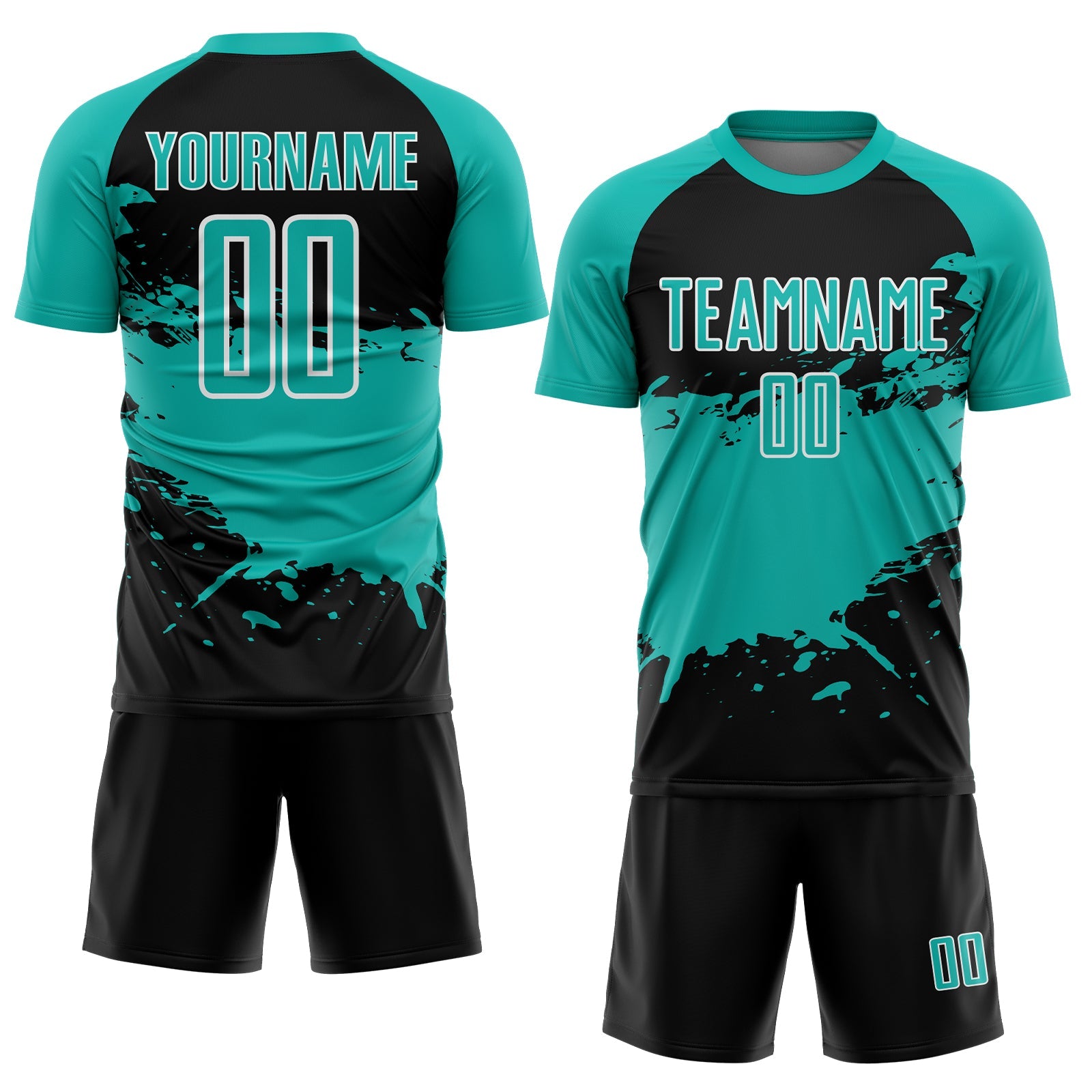 Custom Aqua Black-White Splash Color Block Sublimation Soccer Uniform Jersey