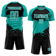 Custom Aqua Black-White Splash Color Block Sublimation Soccer Uniform Jersey