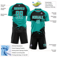 Custom Aqua Black-White Splash Color Block Sublimation Soccer Uniform Jersey