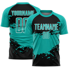 Custom Aqua Black-White Splash Color Block Sublimation Soccer Uniform Jersey