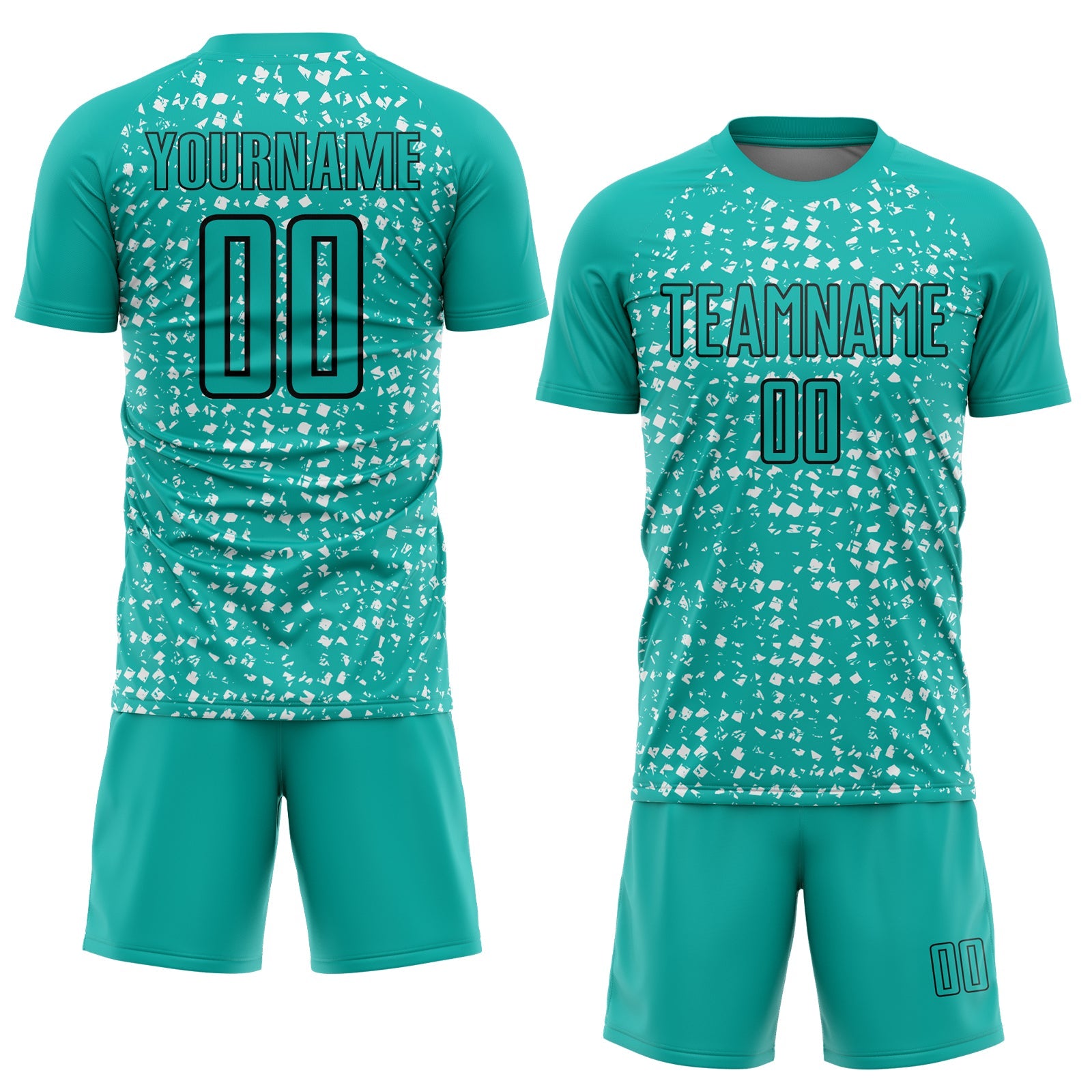 Custom Aqua Black-White Digital Geometric Fragment Speckles Sublimation Soccer Uniform Jersey
