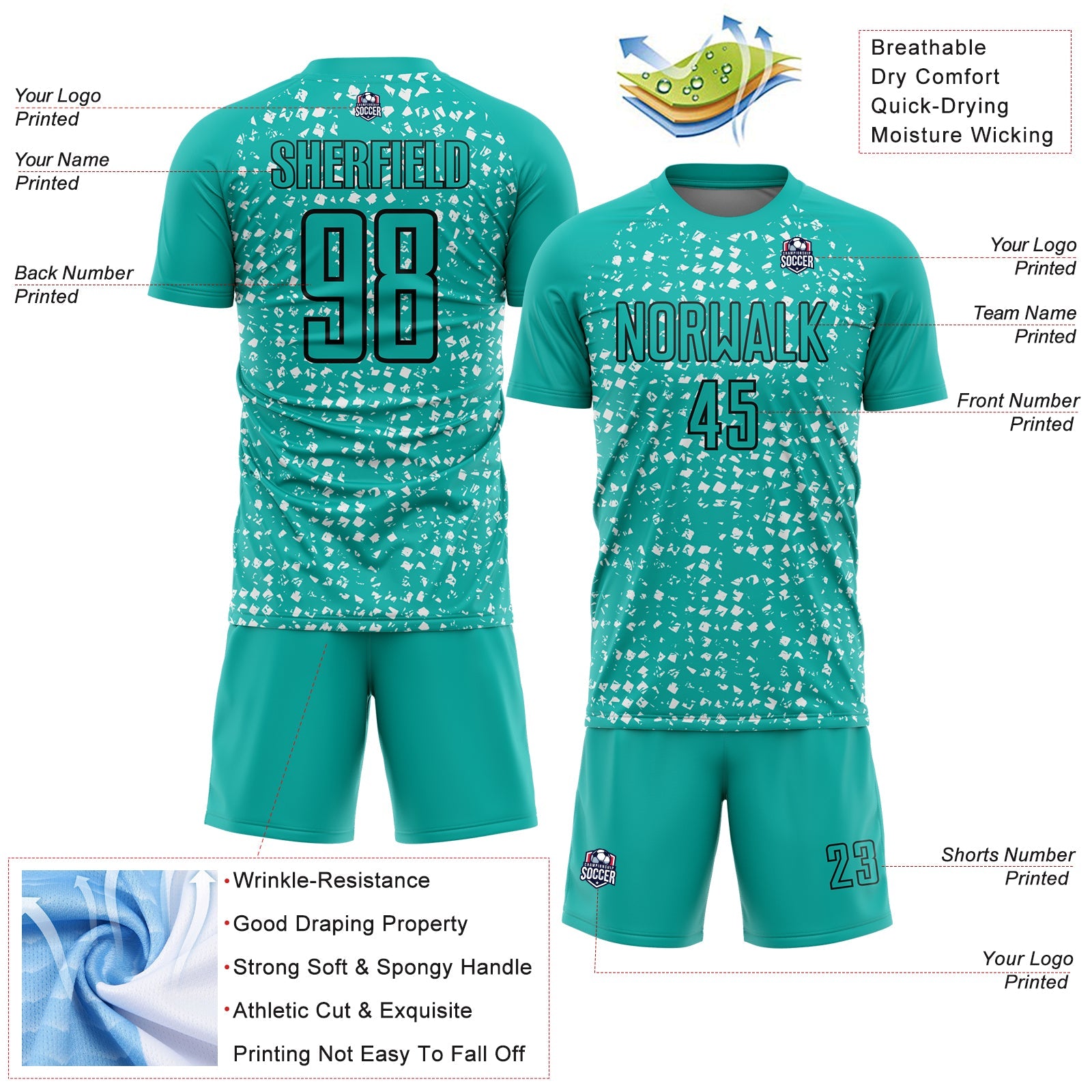 Custom Aqua Black-White Digital Geometric Fragment Speckles Sublimation Soccer Uniform Jersey