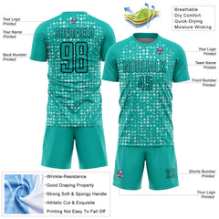 Custom Aqua Black-White Digital Geometric Fragment Speckles Sublimation Soccer Uniform Jersey