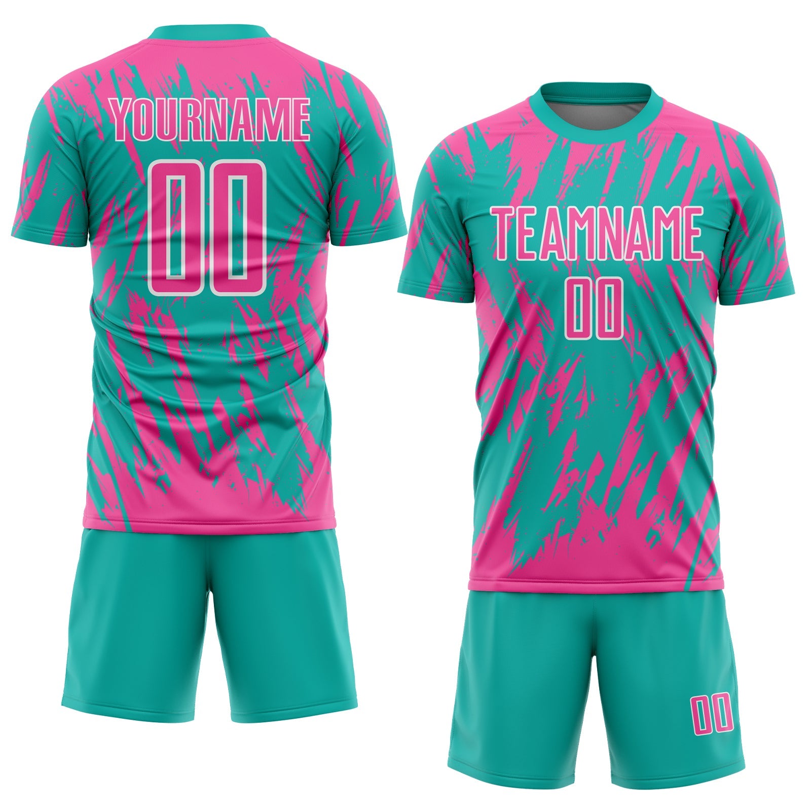 Custom Aqua Pink-White Splatter Torn Sharp Brush Stroke Sublimation Soccer Uniform Jersey