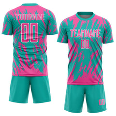 Custom Aqua Pink-White Splatter Torn Sharp Brush Stroke Sublimation Soccer Uniform Jersey