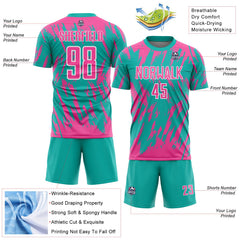 Custom Aqua Pink-White Splatter Torn Sharp Brush Stroke Sublimation Soccer Uniform Jersey