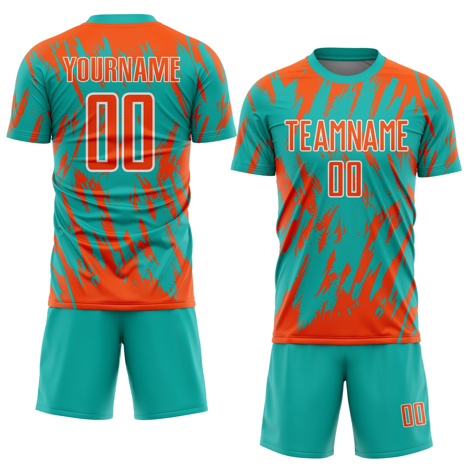 Custom Aqua Orange-White Splatter Torn Sharp Brush Stroke Sublimation Soccer Uniform Jersey