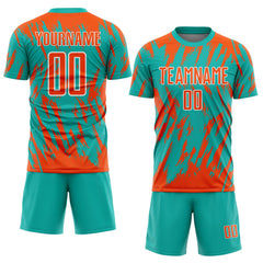 Custom Aqua Orange-White Splatter Torn Sharp Brush Stroke Sublimation Soccer Uniform Jersey