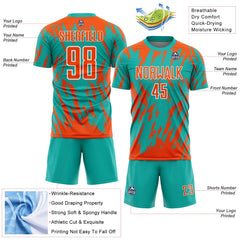 Custom Aqua Orange-White Splatter Torn Sharp Brush Stroke Sublimation Soccer Uniform Jersey