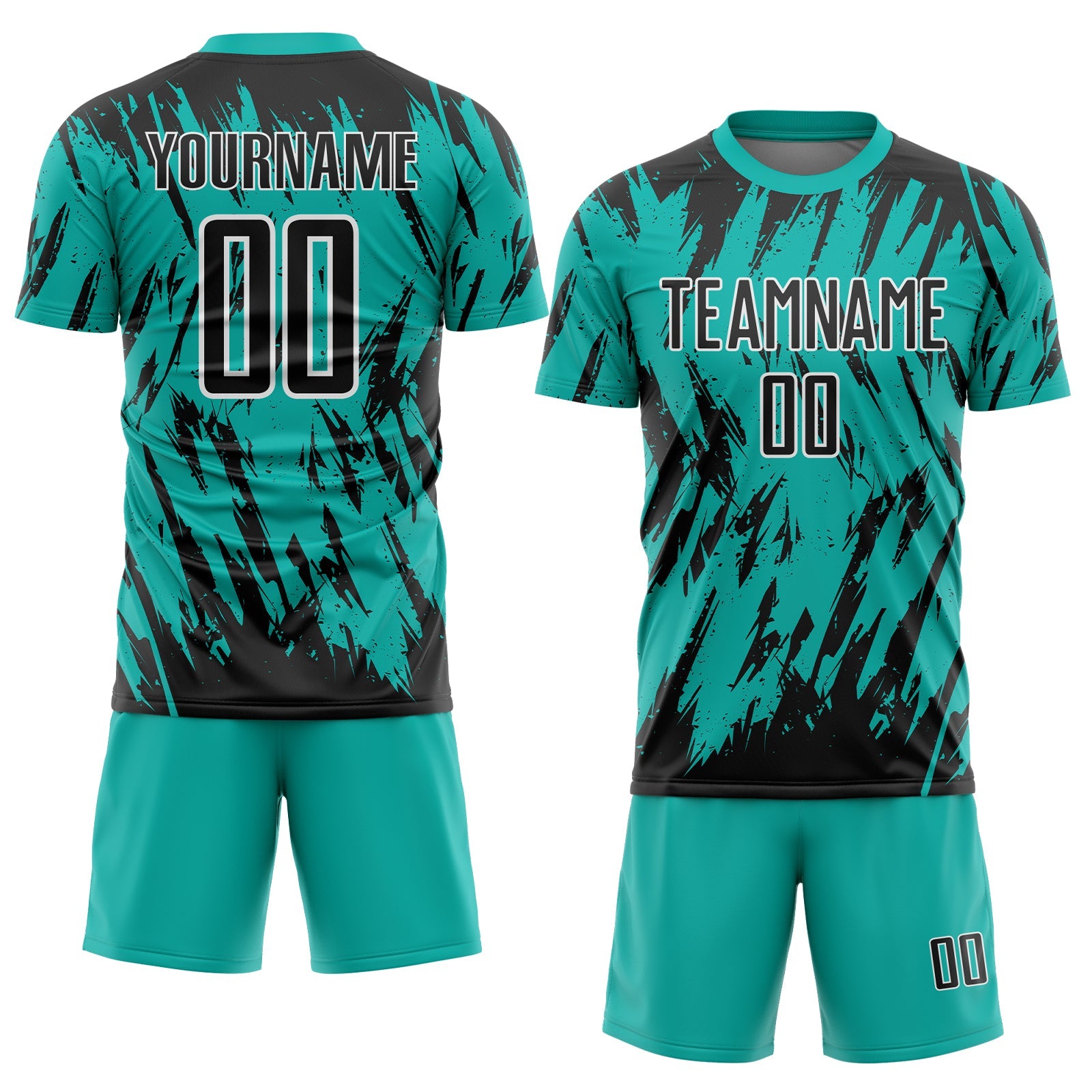 Custom Aqua Black-White Splatter Torn Sharp Brush Stroke Sublimation Soccer Uniform Jersey