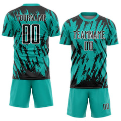 Custom Aqua Black-White Splatter Torn Sharp Brush Stroke Sublimation Soccer Uniform Jersey