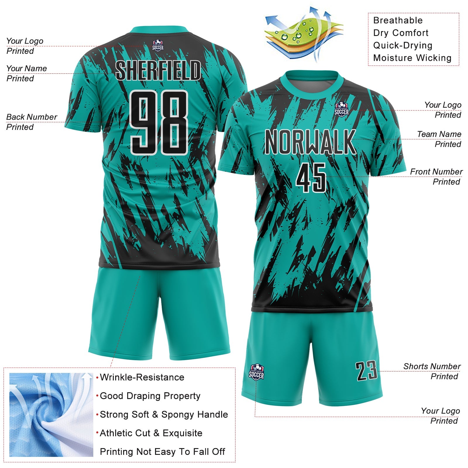 Custom Aqua Black-White Splatter Torn Sharp Brush Stroke Sublimation Soccer Uniform Jersey