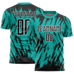 Custom Aqua Black-White Splatter Torn Sharp Brush Stroke Sublimation Soccer Uniform Jersey